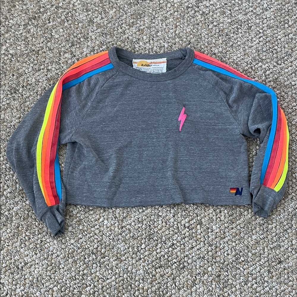Aviator Nation Rainbow Sleeve Cropped Sweatshirt – Gray | Women’s